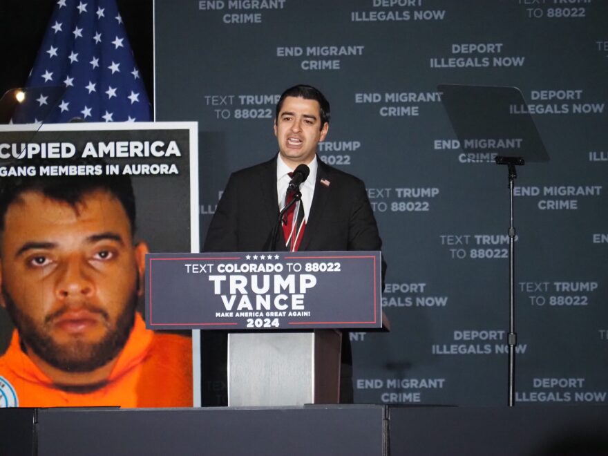 Then-candidate Gabe Evans, now a member of Congress in Colorado’s 8th Congressional District, speaks during a rally for President Donald Trump, Oct. 11, 2024, at the Gaylord Rockies Resort in Aurora.