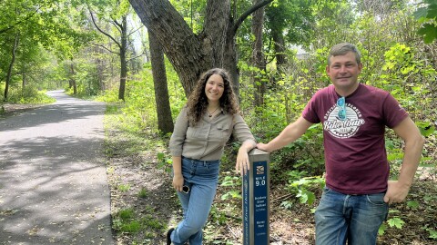 Rachael Stark, left, program manager for the Pennsylvania Environmental Council (PEC), and Owen Worozbyt, Director of Operations for the Lackawanna Heritage Valley Authority, met on the Lackawanna Heritage Trail to discuss the NEPA Eco Tour on June 6 and 7.