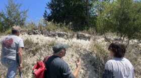 Paleontologist Jun Ebersole flanked by two geologists looks at sediment in a cliff face on a recent dig in South Alabama.