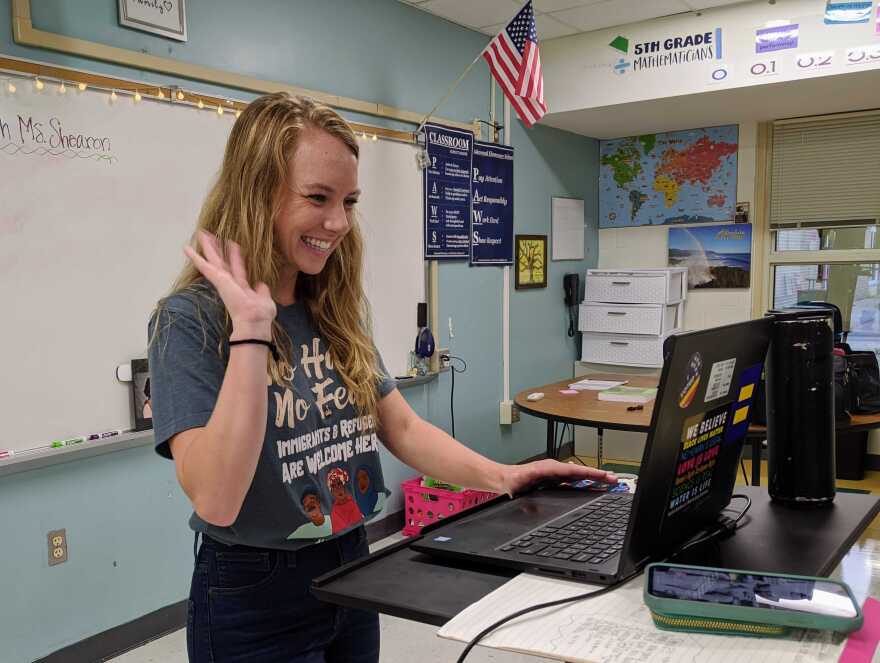 Lakewood Elementary 5th grade teacher Kelly Shearon greets her class on the first day of school.