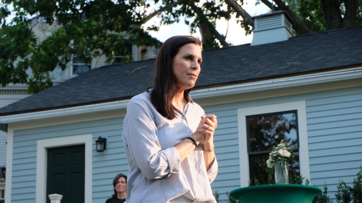 Stefany Shaheen speaking to her supporters during a house party in Portsmouth, NH in July 2026.
