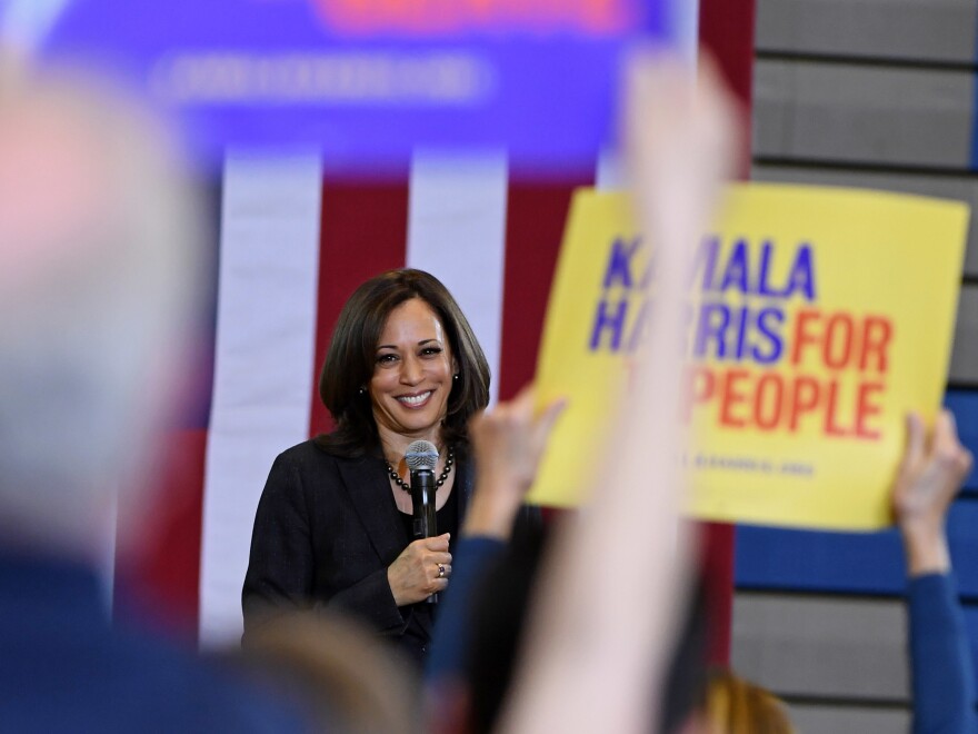 Sen. Kamala Harris, D-Calif., speaks during a town hall meeting at Canyon Springs High School in North Las Vegas, Nev., in March.