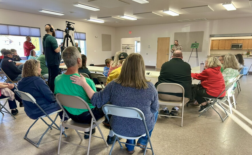Greenway area residents listen to an announcement from Blandin Foundation Grants Director Kyle Erickson on Oct. 21, 2026 at the Marble City Hall.