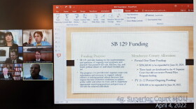 A YouTube meeting with six people on the left and a slide about SB 129 funding on the right.