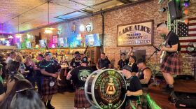 Riverside City Firefighters Association (RCFA) Pipes and Drum Band performing at Lake Alice in Downtown Riverside