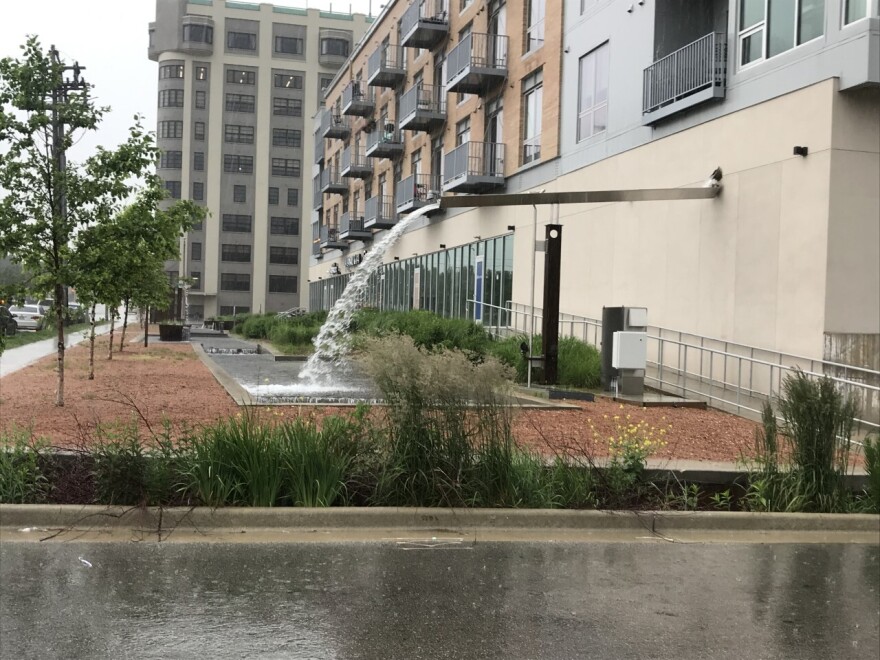 James Stearns' team contributed to this installation. It captures rainwater from rooftop to create fountain at Freshwater Plaza at the corner of South1st St and East Greenfield Ave.