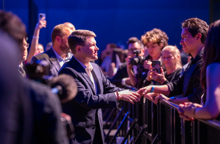 State Rep. James Talarico, D-Austin, greets attendees at his election watch party just after midnight on March 4, 2026.