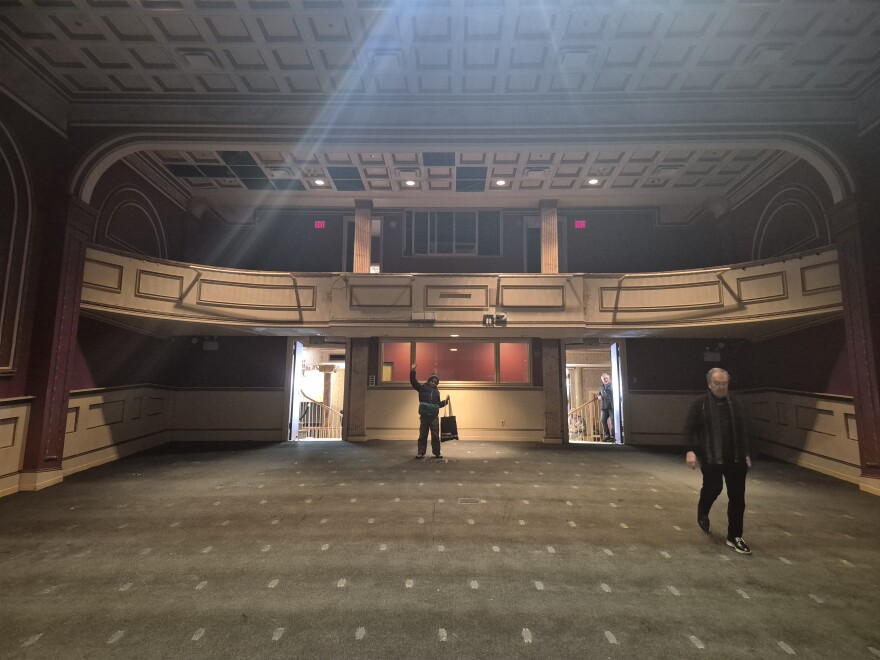 Empty interior theatre with the balcony in view. 