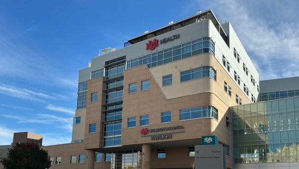 This photo taken with a smartphone shows the University of New Mexico Health System on Monday, Oct. 26, 2026, in Albuquerque, N.M. (AP Photo/Christopher Keller)