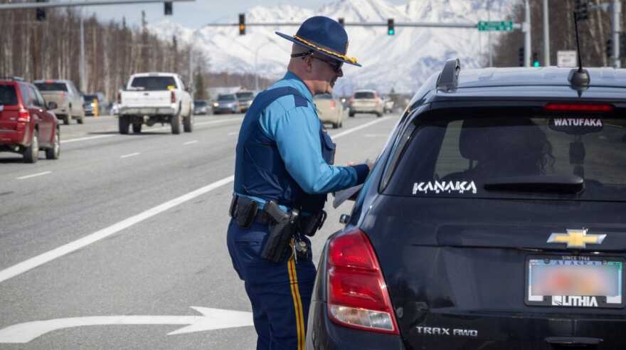 An Alaska State Trooper conducts a traffic stop outside Wasilla in early 2024.