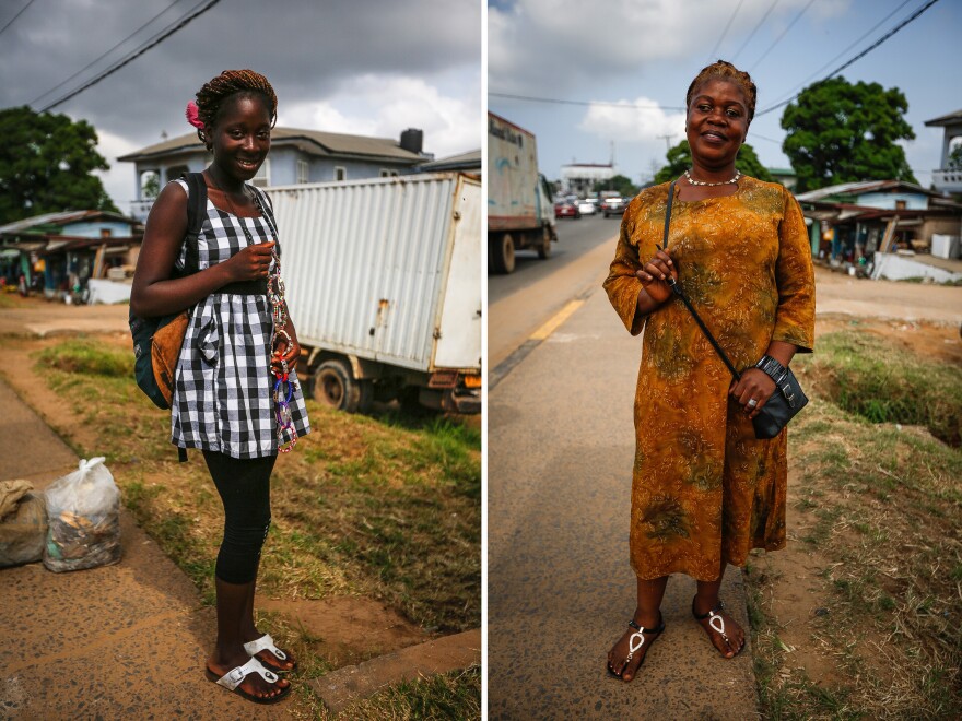 Caroline Abang, 16, (left) is selling "bangles" because schools are closed in Liberia. She hopes to become be an engineer. Right: "When you're not dressed, nobody can recognize you," says teacher Demah Bee. "They will say you're suffering too much."
