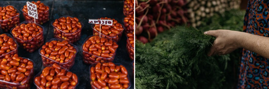 Tomatoes and dill at Tel Aviv's Carmel Market on Friday morning, Sept. 1, 2023.