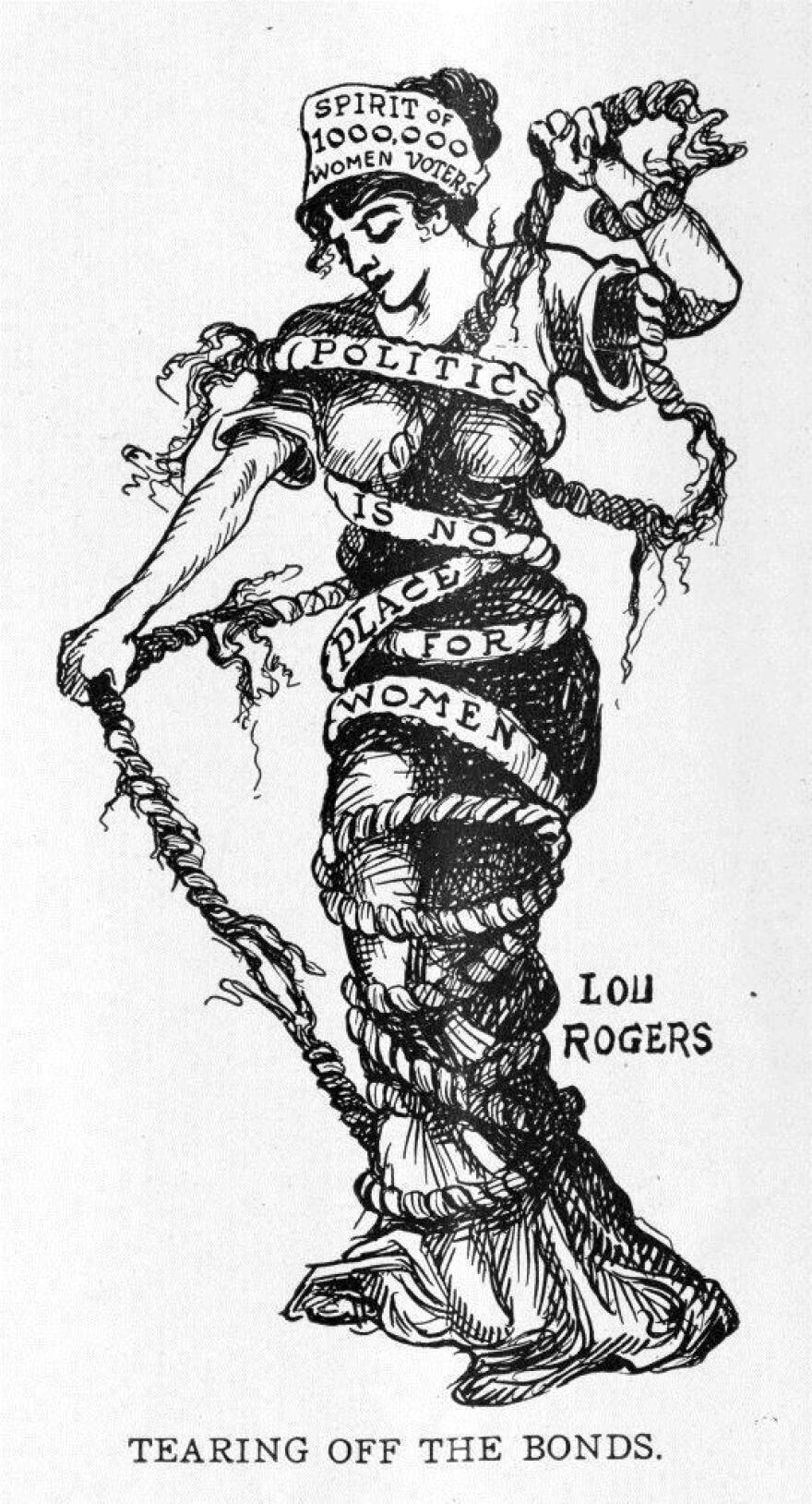 This 1912 drawing by Lou Rogers printed in <em>Judge</em> magazine shows how women used chains in the aftermath of the Civil War as a symbol of how they had not been fully emancipated.