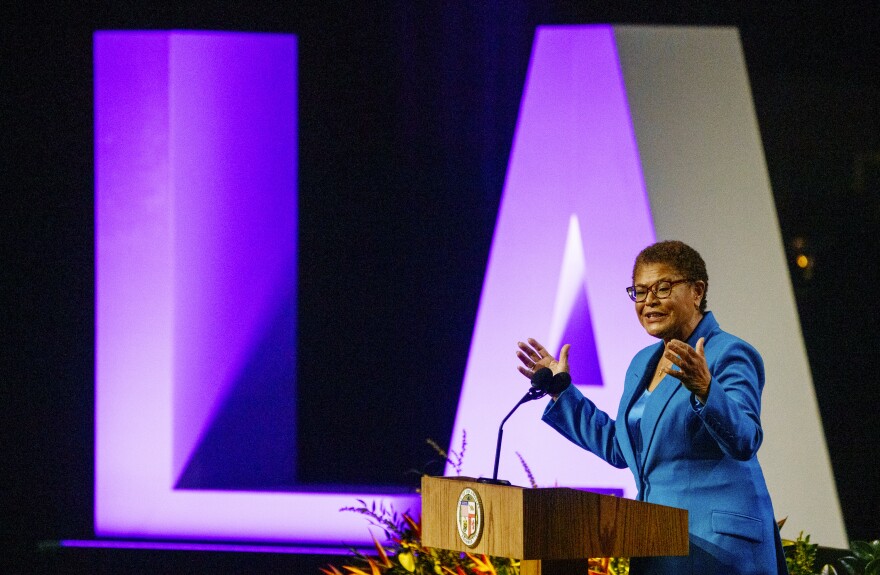 New Los Angeles Mayor Karen Bass speaks during her inaugural address on Sunday.