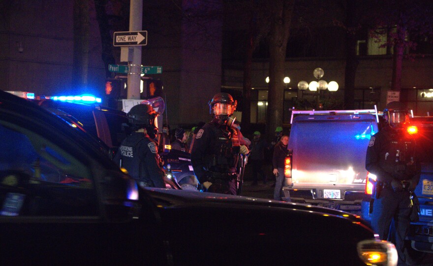 Eugene Police at the downtown federal building after declaring a riot, Jan. 30, 2026.