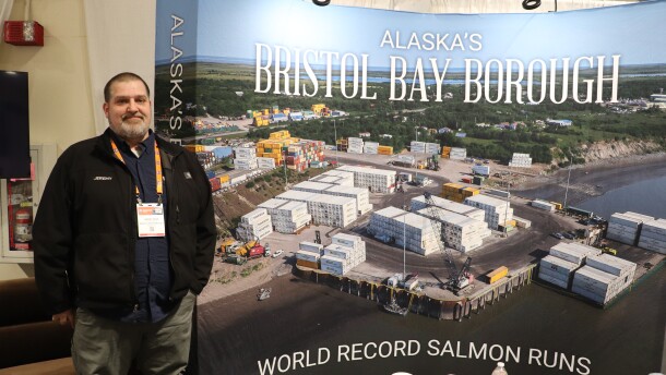 Jeremy Kern, Bristol Bay Port Director, at Bristol Bay Borough's Pacific Marine Expo booth. 2025.