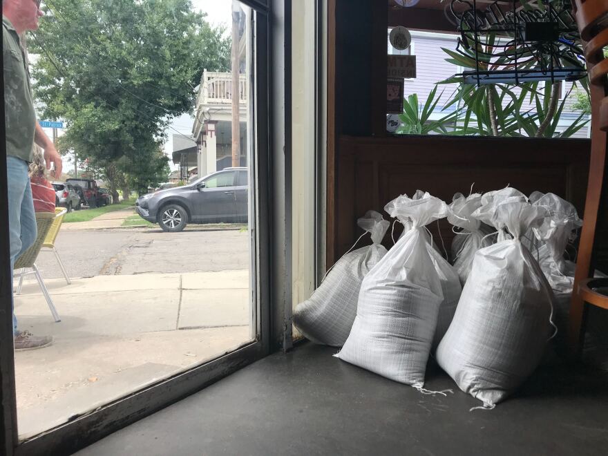 Sandbags ready for pickup at Mid-City Yacht Club, a bar that decided to hand out sandbags after the city said it wouldn't.