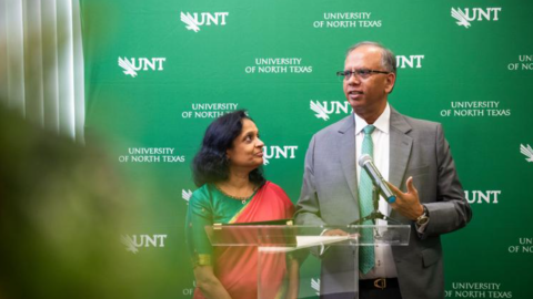 Anuradha and Vikas Sinha celebrate with the University of North Texas administration and community members as their $20 million gift to the university is announced Sept. 2.