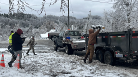 Village employees clear debris left behind by historic ice storms in Wolverine Monday, April 1.