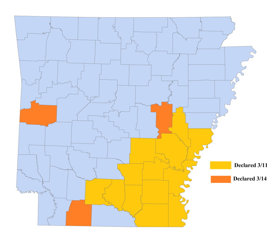 Arkansas counties with disaster declarations.