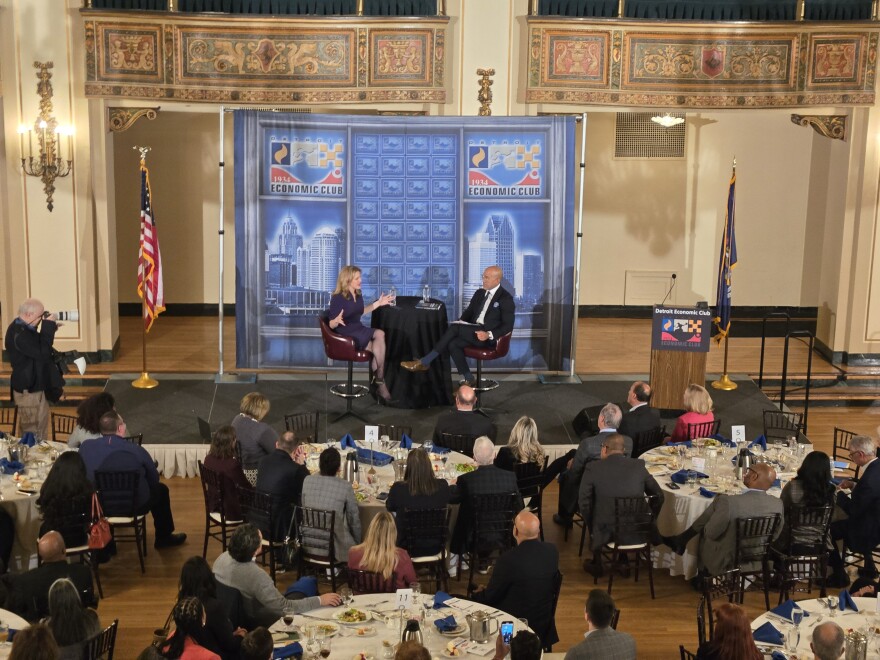 Michigan Secretary State Jocelyn Benson speaks at the Detroit Economic Club on February 5, 2026.