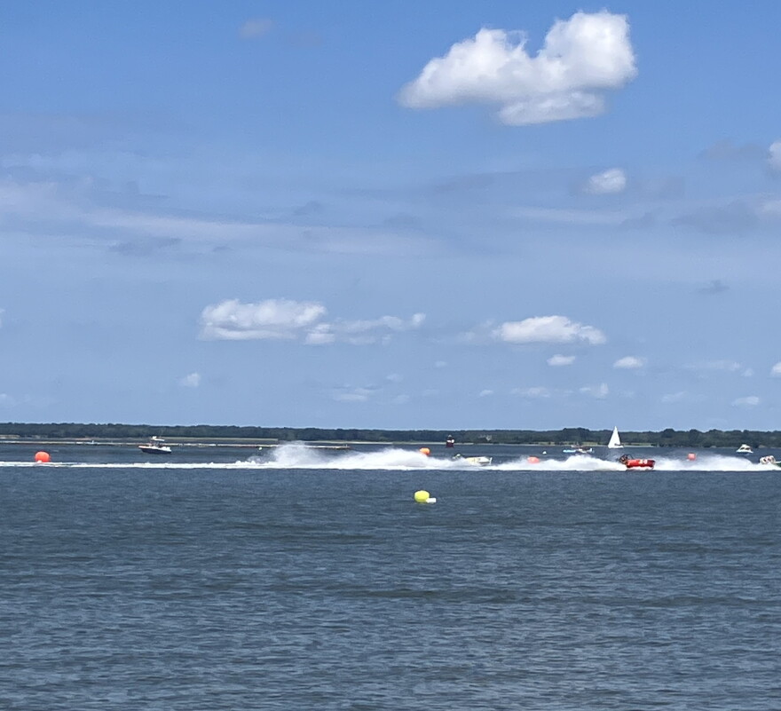 Jersey speed skiffs racing on the water at Gerry Boyle park for the 10th annual Thunder on the Choptank.
