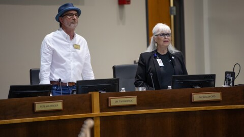 Board members Dr. Tim Merrick and Pat Bradford during the New Hanover County Schools Board of Education meeting in Wilmington on July 8, 2025. 