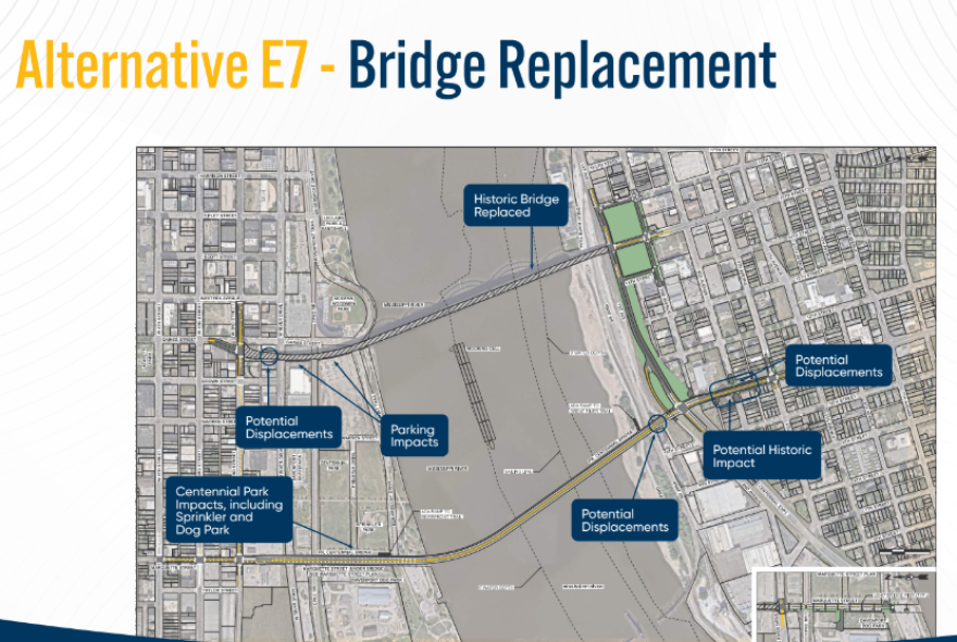 A map showing potential areas of impact with a new bridge connecting 11th Street in Rock Island and Marquette Street in Davenport.