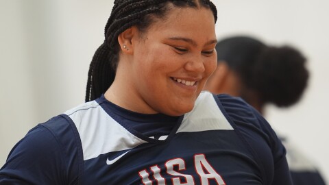 Center Audi Crooks warms up during a USA Basketball women's Americup Trials practice Wednesday, June 18, 2025, at the USA Olympics training center in Colorado Springs, Colo. (AP Photo/David Zalubowski)