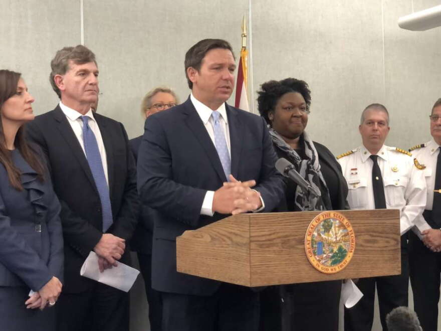 Governor Ron DeSantis gives details on two presumptive positive cases of COVID-19 in Florida in a press conference Monday morning at the Florida Department of Health Tampa Branch Laboratory. Photo credit: Daylina Miller / WUSF Public Media