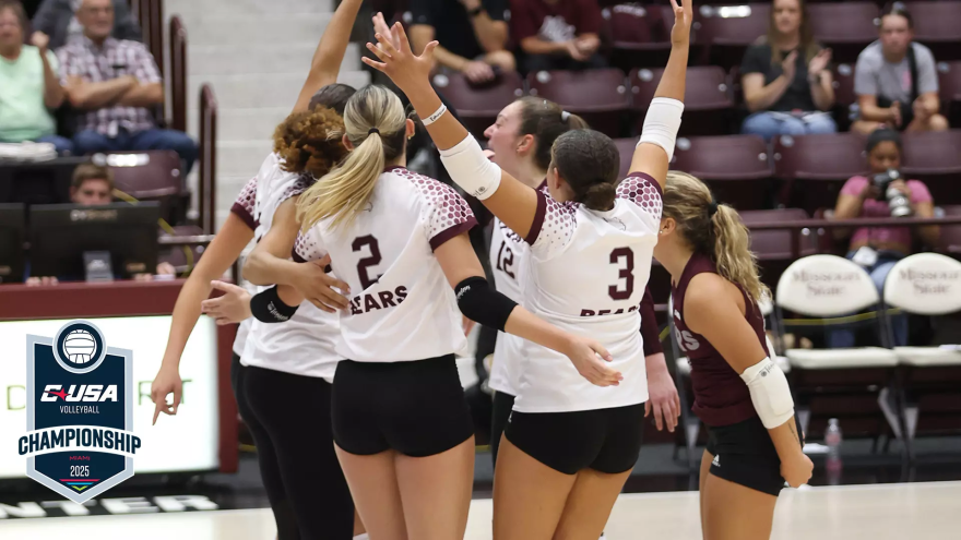 Missouri State volleyball celebrates in the CUSA Tournament against UTEP, 2025