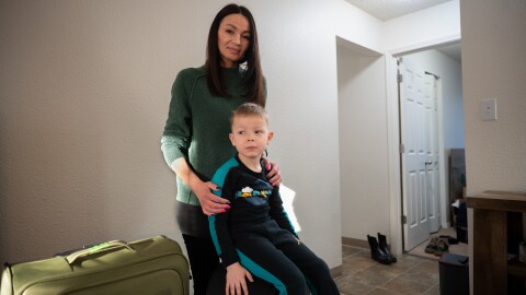 Olena Dubchenko and her son Maksim, 4, in their Anchorage apartment before leaving to Seattle on March 27, 2026.