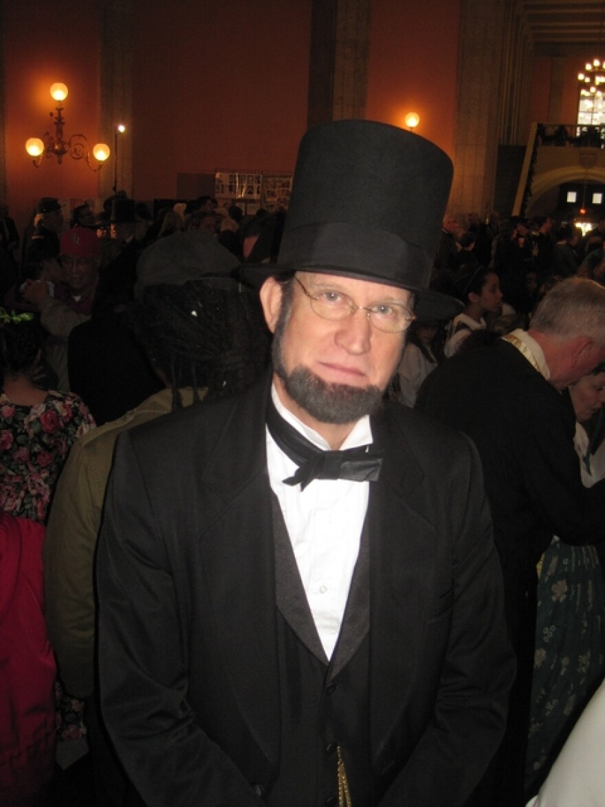 At the Statehouse’s 150th birthday party in the Rotunda, a man dressed as Abraham Lincoln. 