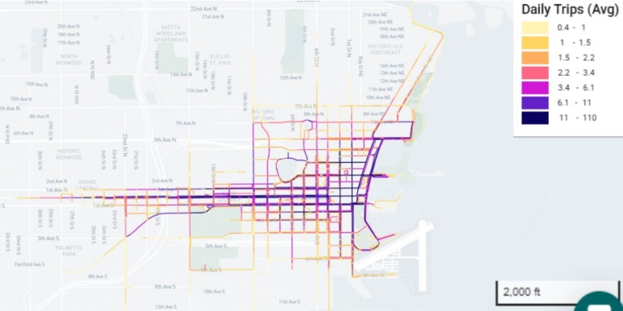 A map highlights ridership frequency with blue, yellow and red lines on a map