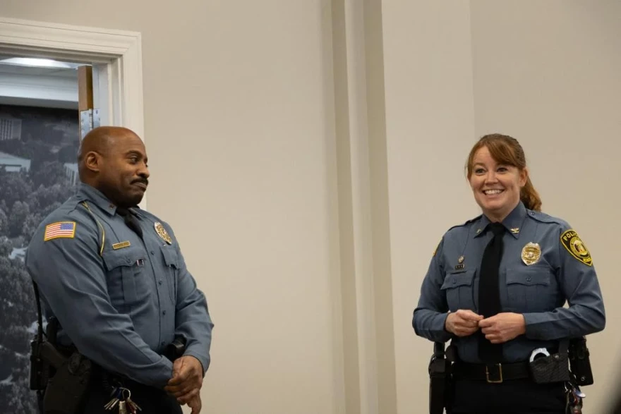 University Police Chief Amanda Cullin recognizes UPD Lt. Marcus Holmes for his response during a medical emergency earlier this semester. Cullin said Holmes performed life-saving CPR when freshman Isabel Thomas had a stroke in Franken Hall.