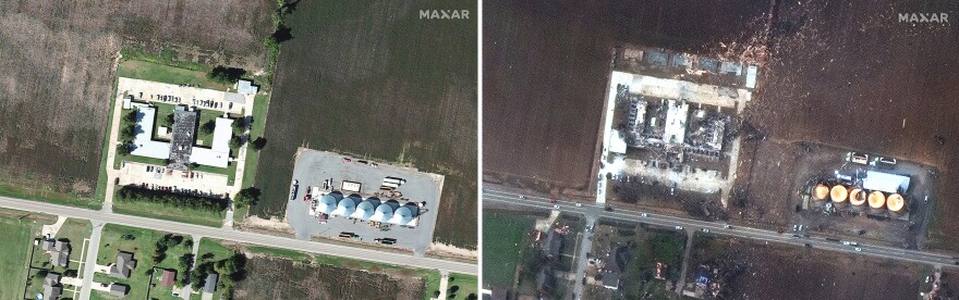 <strong>BEFORE</strong> (left): Close-up view of Monette Manor Nursing Home on Feb. 22, 2021. <strong>AFTER</strong> (right): Close-up view shows damage to Monette Manor Nursing Home on Dec. 11, 2021.