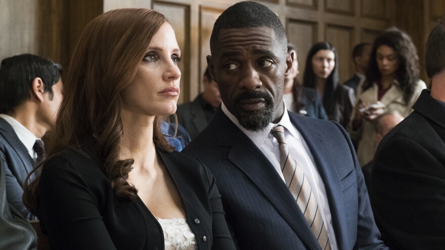 Jessica Chastain plays Molly Bloom and Idris Elba plays her attorney in <em>Molly's Game</em>.