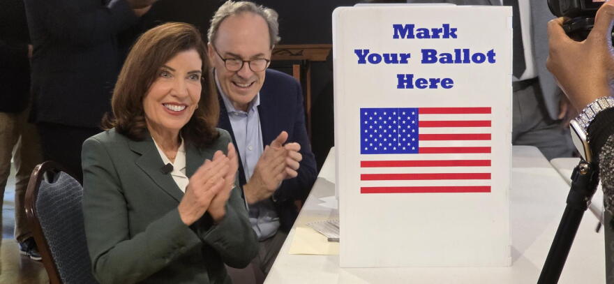Gov. Kathy Hochul and First Gentleman William Hochul cast their ballots in Buffalo on the first day of early voting, Saturday, Oct. 24, 2026.