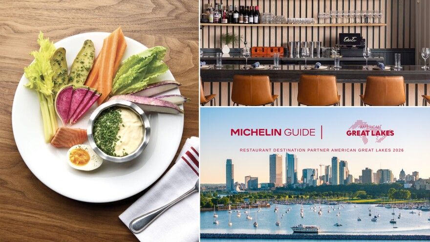 Grand aioli with poached steelhead trout from Cassis (left), the counter at EsterEv and Michelin's new Great Lakes guide.