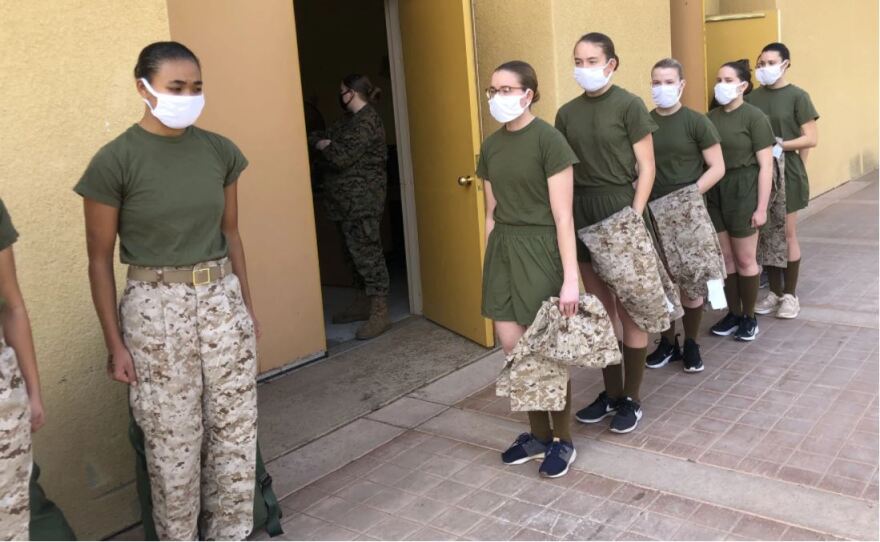 Female Marine Corps recruits line up during boot camp at Marine Corps Recruit Depot San Diego, California. The first class of female recruits arrived at San Diego in 2021, ending almost a hundred years when the boot camp accepted only men.