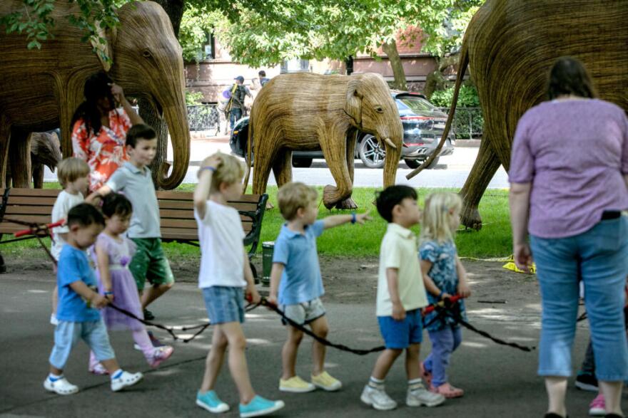 Children walk along Commonwealth Avenue Mall in Boston, near a sculpture of a young elephant in "The Great Elephant Migration" installation.  (Robin Lubbock/WBUR)