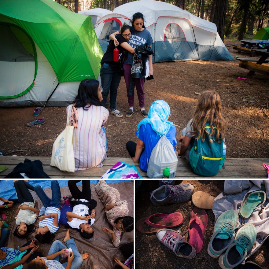 <strong>Top:</strong> Counselors Manar Soliman (left) and Jasmine Wadalawala embrace while waiting for their campers to gather. <strong>Left:</strong> Girls rest in the shade of a cedar tree after <em>Dhuhr</em> prayer. <strong>Right:</strong> Shoes are piled outside a tent.