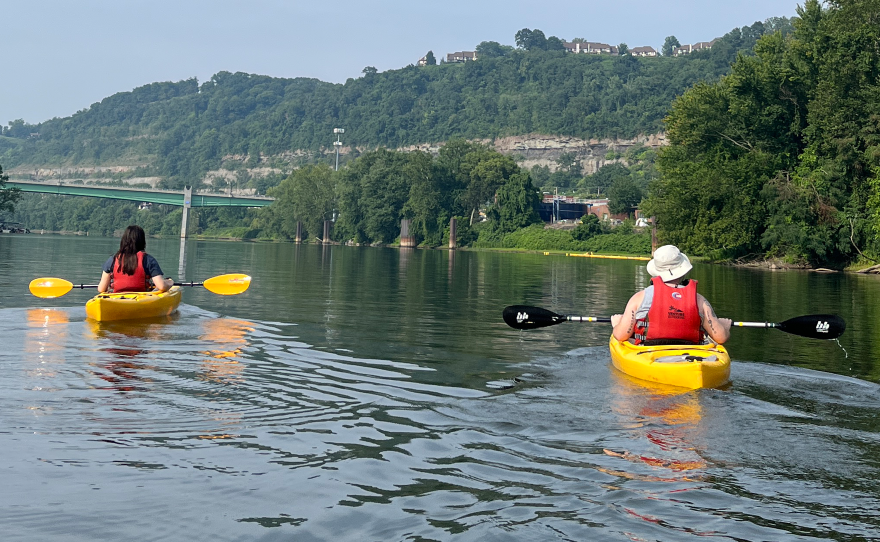 Two people kayak along the Allegheny River in Pennsylvania. The Allegheny River is Pennsylvania's 2024 River of the Year, following a public statewide vote.