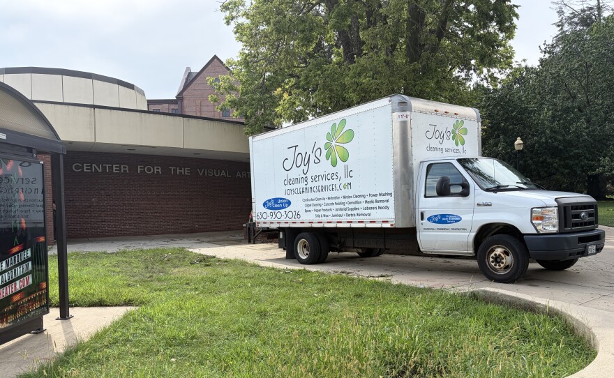 Cleaning crews at work at ISU's Center for the Visual Arts, which was hit with water damage.