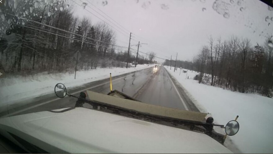 The view from a snow plow in Cleveland. Three ODOT snow plows were involved in accidents in the last 24 hours, McFarland said. No one was seriously injured.