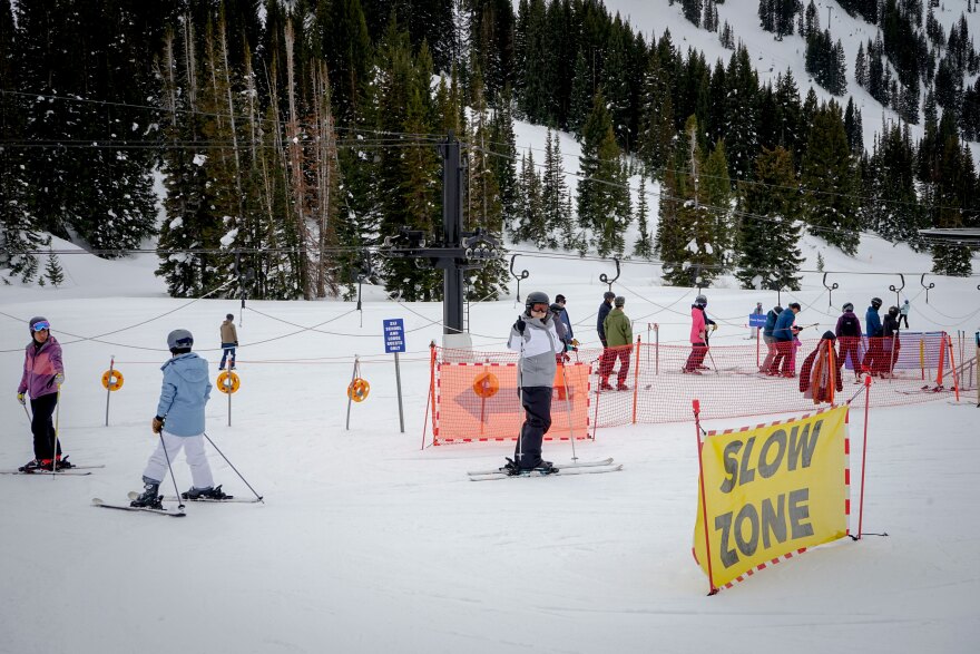 Ski Utah Discover Winter participants after a first run of lessons at Alta Ski Area, Feb. 11, 2023.