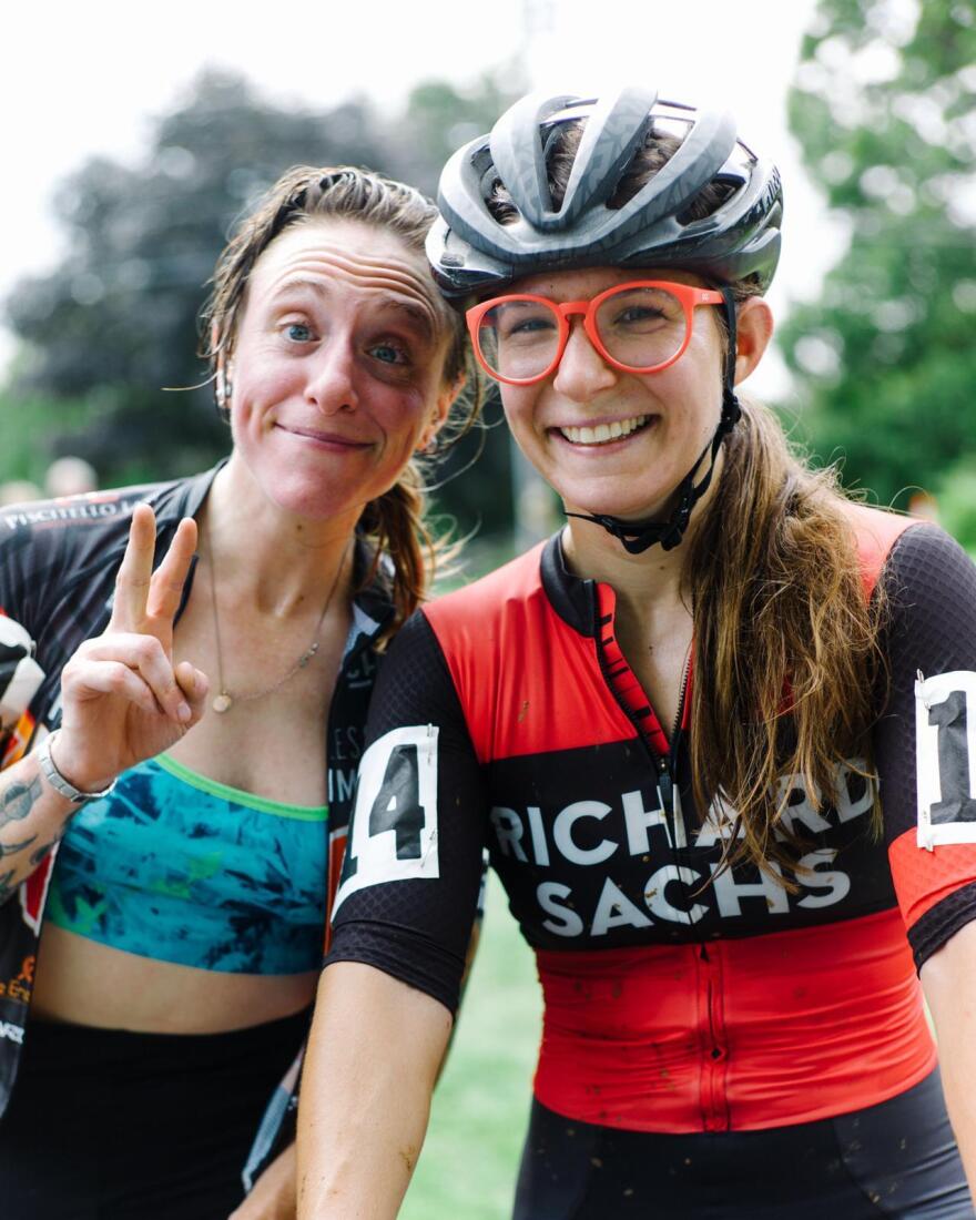 Rachel Rubino and Bowman at a recent cyclecross event. "A lot of people in my family have had cancer," Rubino says. "My mom passed away of breast cancer when I was 22. So for me it hits this really deep place. You know? It's like being a woman and being an athlete. This can happen to any of us."