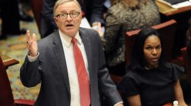 Sen. John DeFrancisco, R-Syracuse, speaks to members in the Senate Chamber gallery at the Capitol on the opening day of the legislative session on Wednesday, Jan. 4, 2017, in Albany, N.Y. (AP Photo/Hans Pennink)
