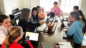 Middlesex Middle School 7th graders gather at the home of Fitnat Coonan for the girl's first brainstorming session where they were researching the scale and devastation of the earthquake in Turkey and Syria and planning their first fundraising steps.