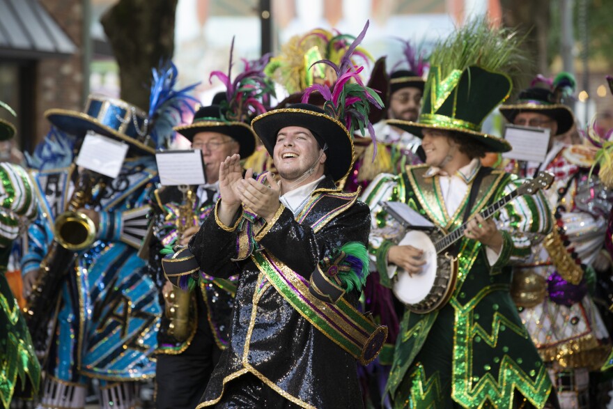 Members of the Philadelphia Mummers Woodland String Band march in the Little League World Series parade.